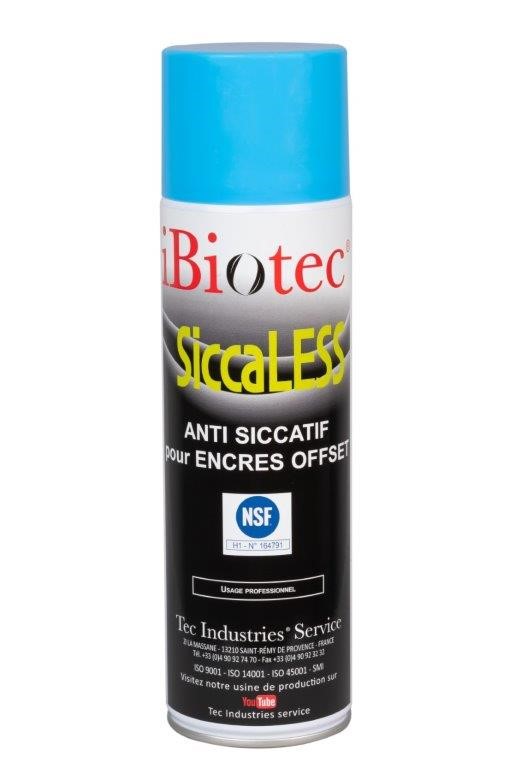 Ibiotec SiccaLESS a&eacute;rosol antisiccatif pour encres. A&eacute;rosol antisiccatif pour encres offset, agr&eacute;&eacute; NSF. Produit actif 97% propulseur ininflammable 3%. Pulv&eacute;risation optimis&eacute;e. Nombre d'utilisations X 2. Retarde l'oxydo-polym&eacute;risation des encres, bases v&eacute;g&eacute;tales ou solvantes. Antisiccatif pour encres offset. Agr&eacute;&eacute; NSF. Anti-siccatif encre offset agr&eacute;e NSF, produit actif 97%, gaz propulseur ininflammable 3%. aerosol antisiccatif. agr&eacute;&eacute; NSF. antisiccatif encres offset. antisiccatif agroalimentaire. retardateur s&egrave;chage encres. fluide anti s&eacute;chage. agent anti peau